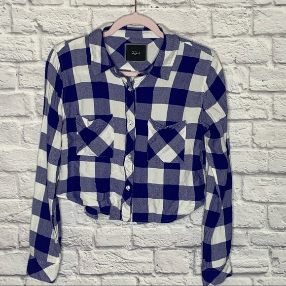 Rails Rian Blue And White Buffalo Plaid Cropped Button Down Top - Picture 3 of 11